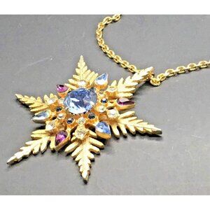 Snowflake  Pendant Necklace Rhinestones Gold Tone  Blue Purple Winter Star